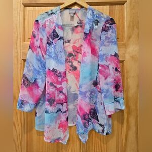 Chico's Pink and Blue 3/4 Sleeve Chiffon Shrug